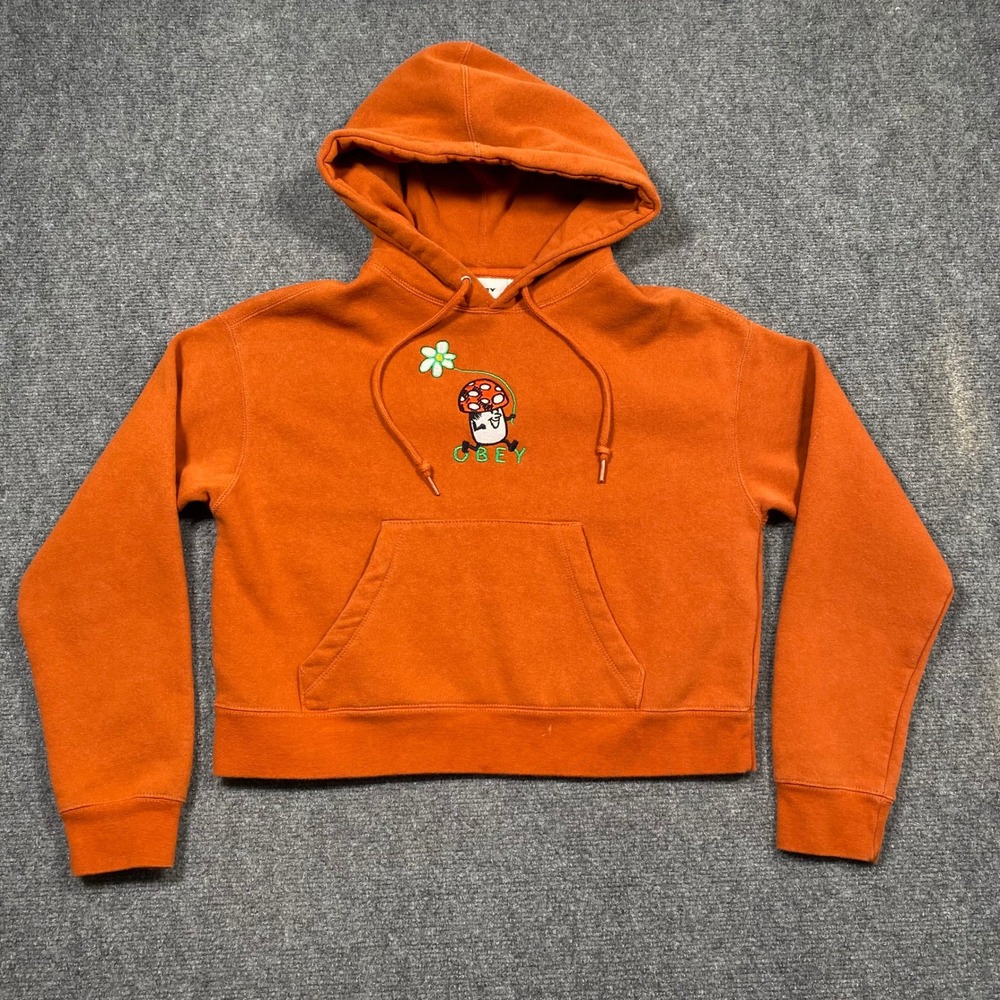 Obey Kids Orange Mushroom Flower Graphic Cropped‎ Hoodie Sweatshirt XS